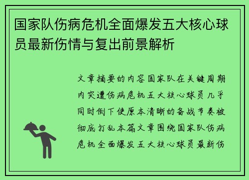 国家队伤病危机全面爆发五大核心球员最新伤情与复出前景解析 国家队伤病危机全面爆发五大核心球员最新伤情与复出前景解析